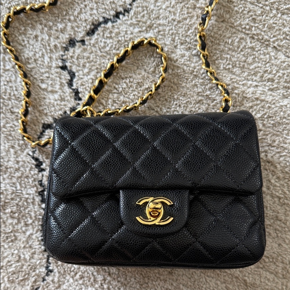 Chanel Style Black Quilted Mini Bag with Gold Chain